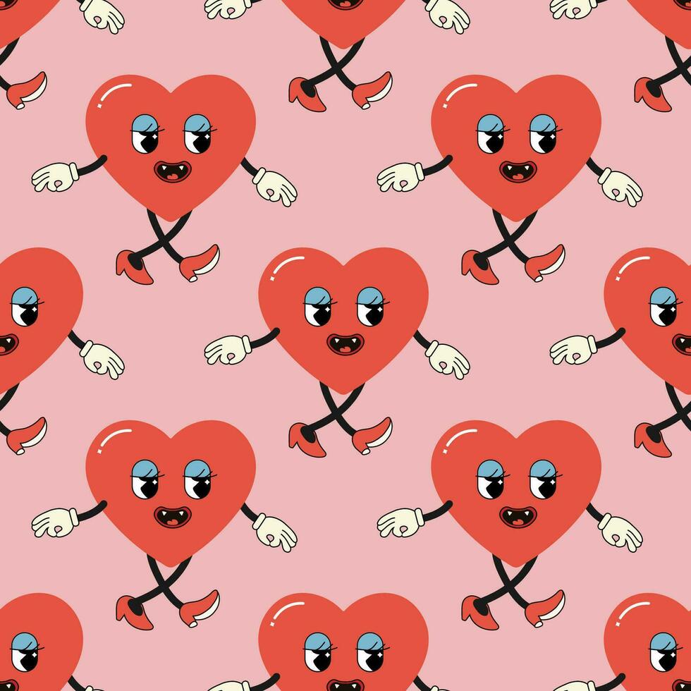 Seamless pattern groovy valentine's day, hearts, cute character vector