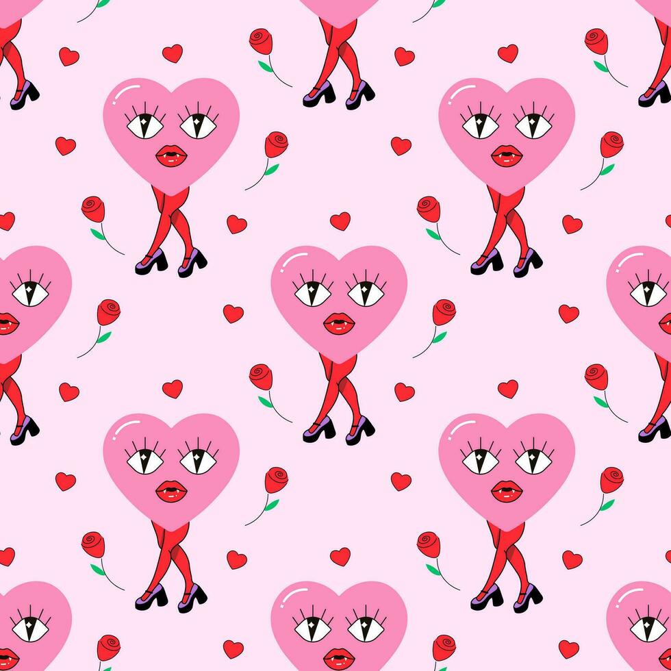 Seamless pattern groovy heart, valentine's day, character vector