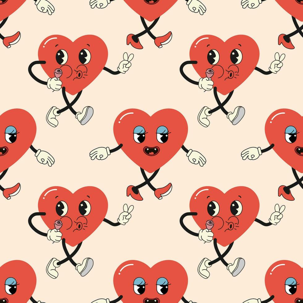 Seamless pattern groovy valentine's day, hearts, cute character vector