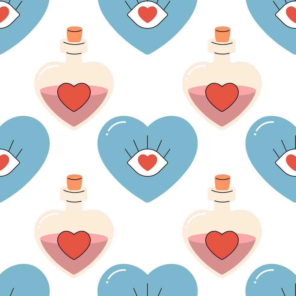 Seamless pattern groovy valentine's day, hearts, cute character vector