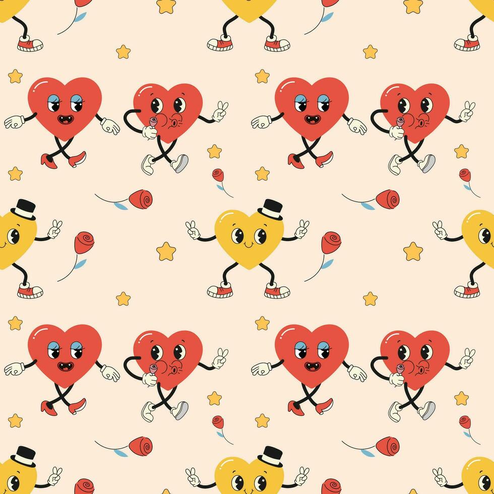 Seamless pattern groovy valentine's day, hearts, cute character vector