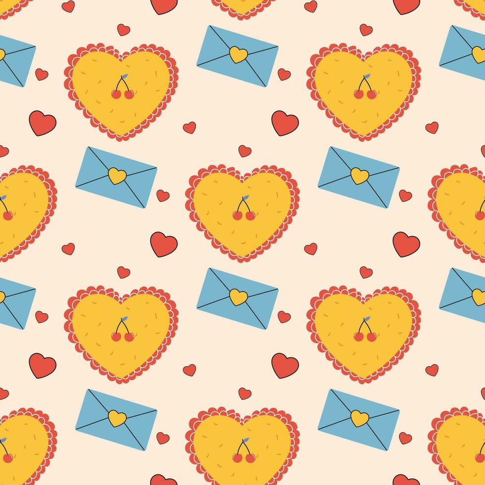 Seamless pattern groovy valentine's day, hearts, cute character vector