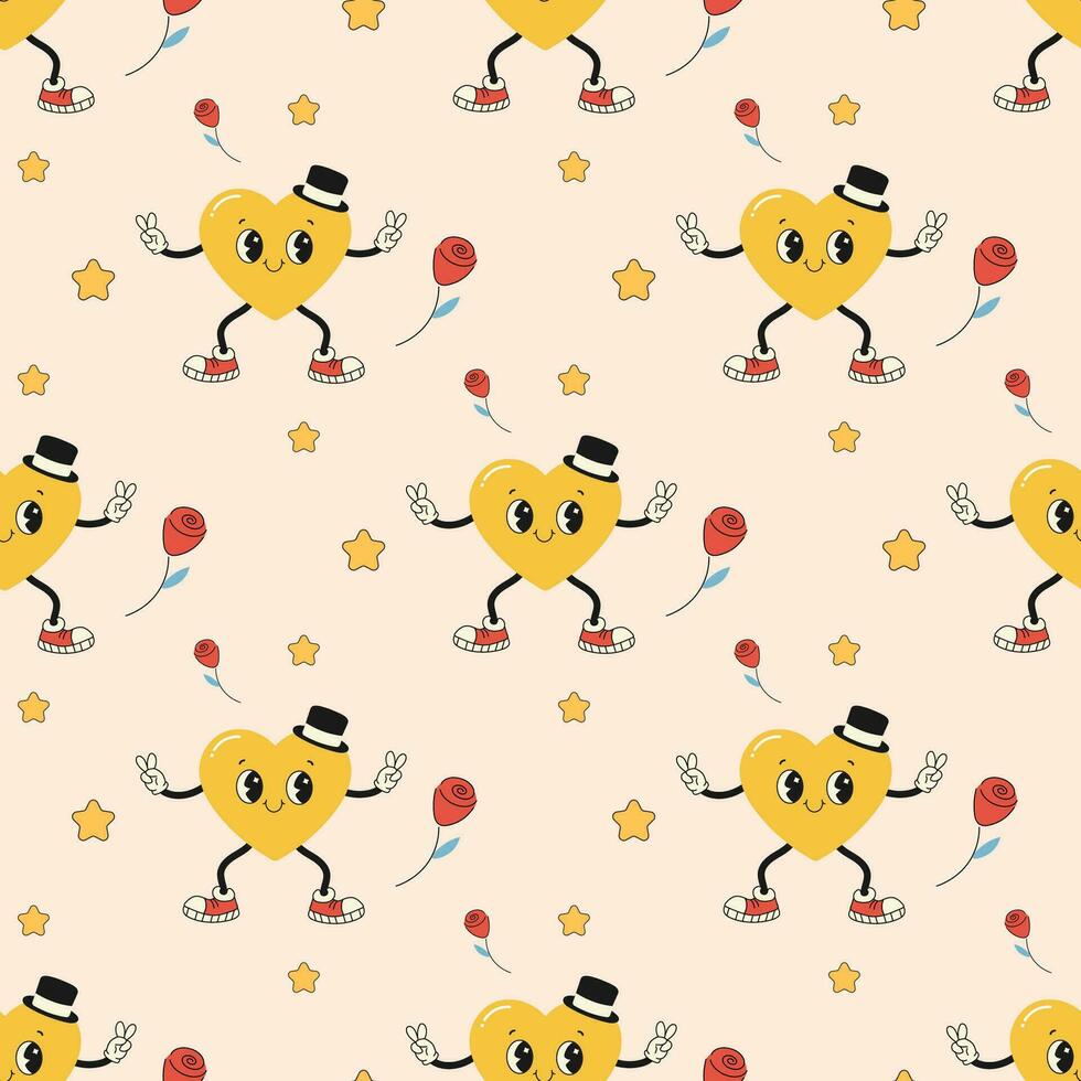 Seamless pattern groovy valentine's day, hearts, cute character vector