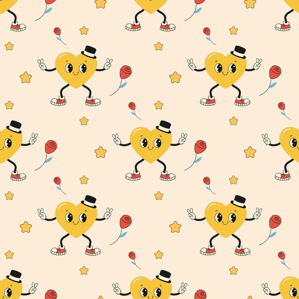 Seamless pattern groovy valentine's day, hearts, cute character vector