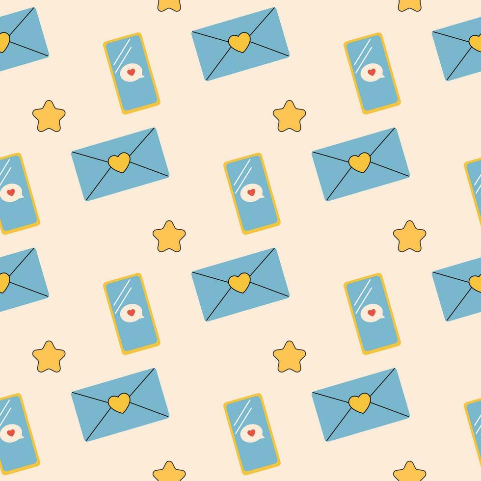 seamless pattern groovy phone, letter, valentine's day vector