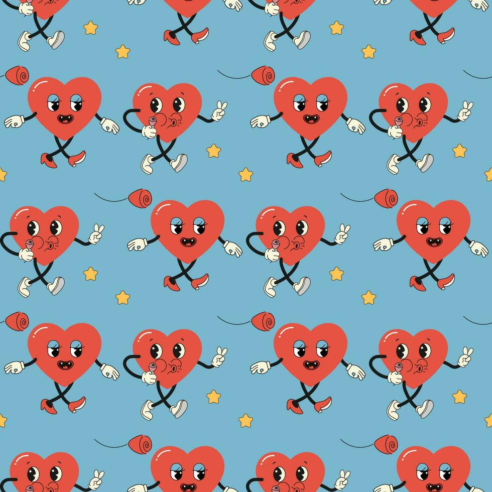 Seamless pattern groovy valentine's day, hearts, cute character vector