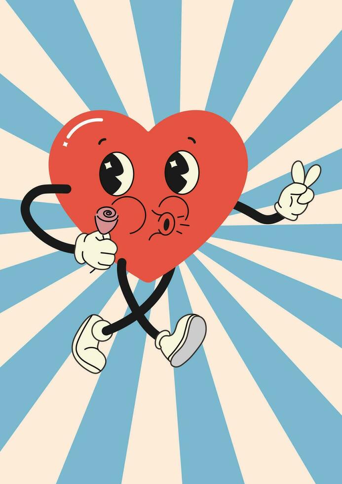 groovy postcard template heart character, on background vector