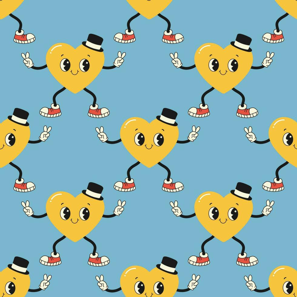 Seamless pattern groovy valentine's day, hearts, cute character vector