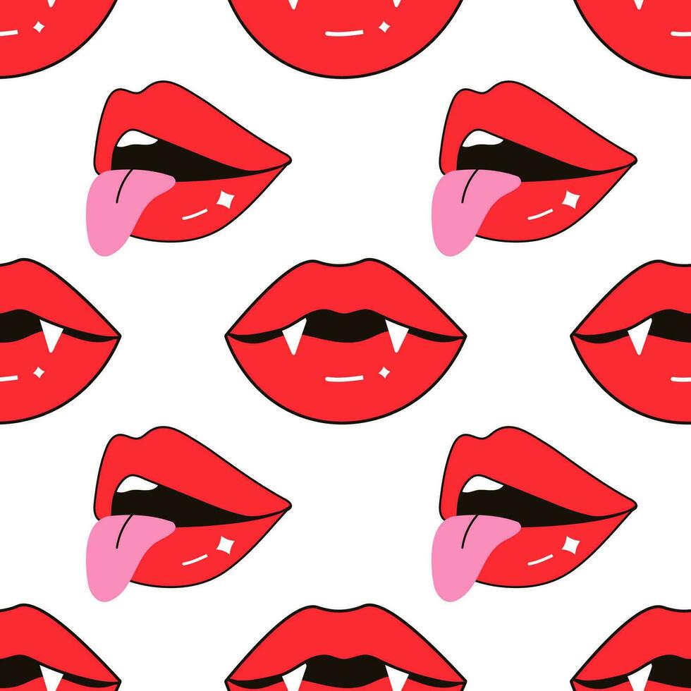 seamless pattern, kiss, love, vampire bite, lips and tongue vector