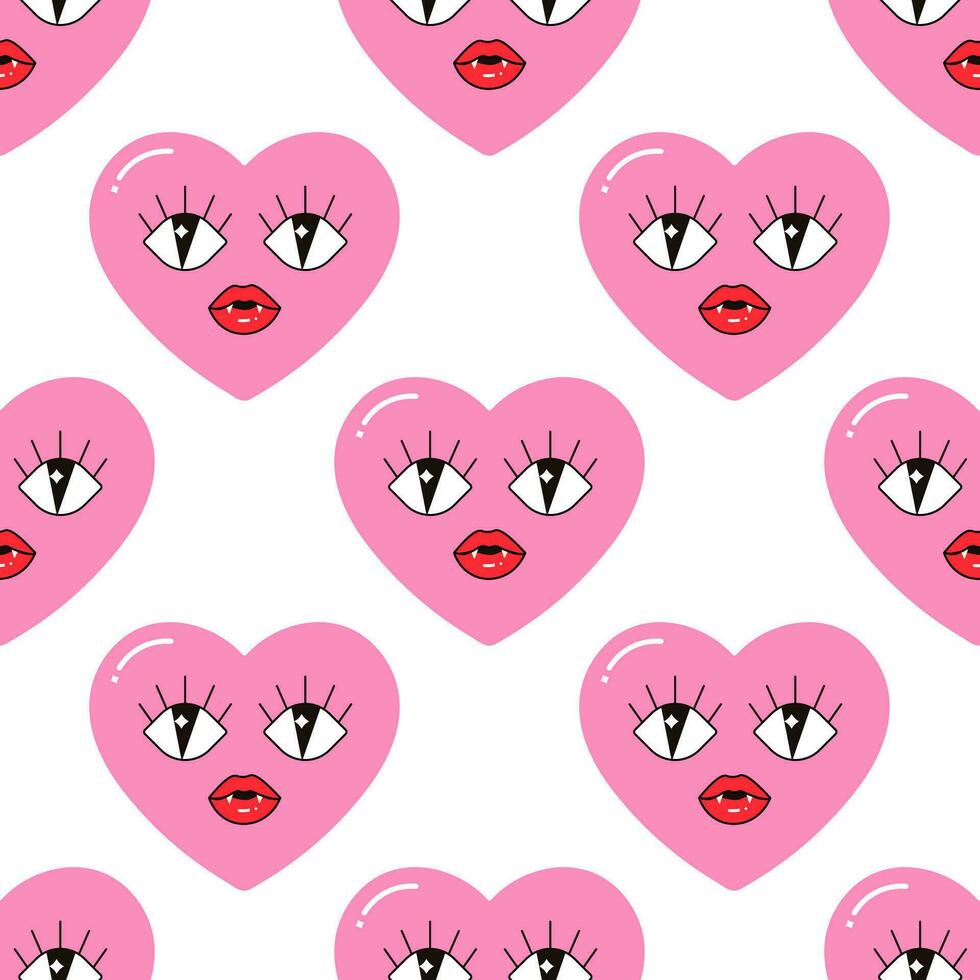Seamless pattern, characters, weird hearts, love and valentine's day vector