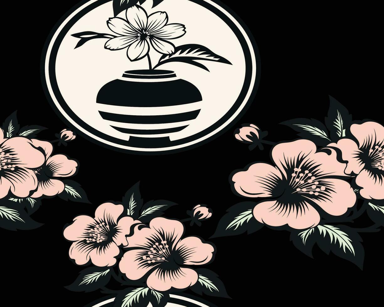 Pink Flowers in a Striped Vase on Black Background vector