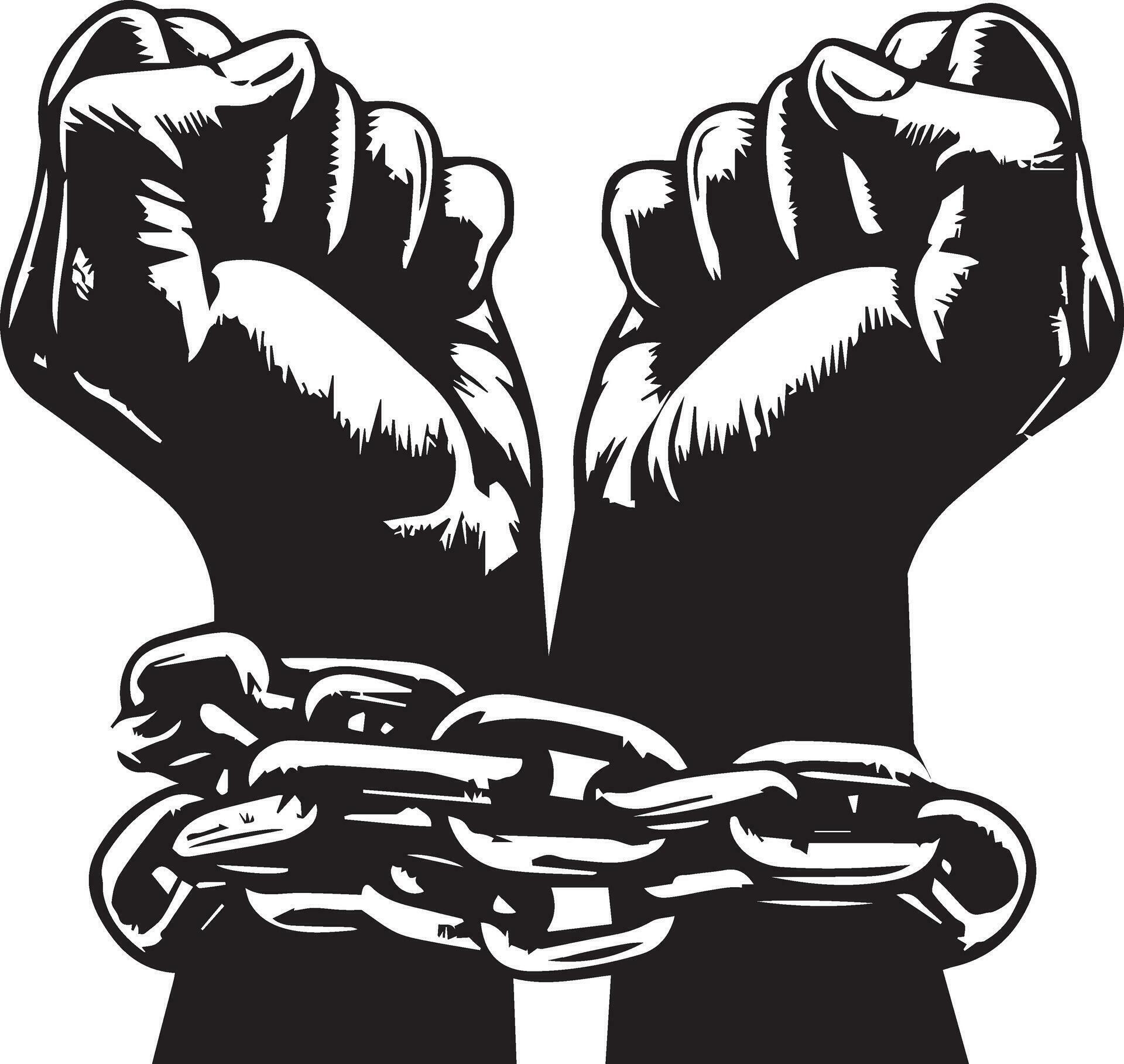 a pair of hands chained to a chain, With the text words Freedom vector ...