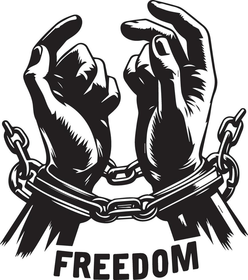 a pair of hands chained to a chain, With the text words Freedom vector silhouette 7