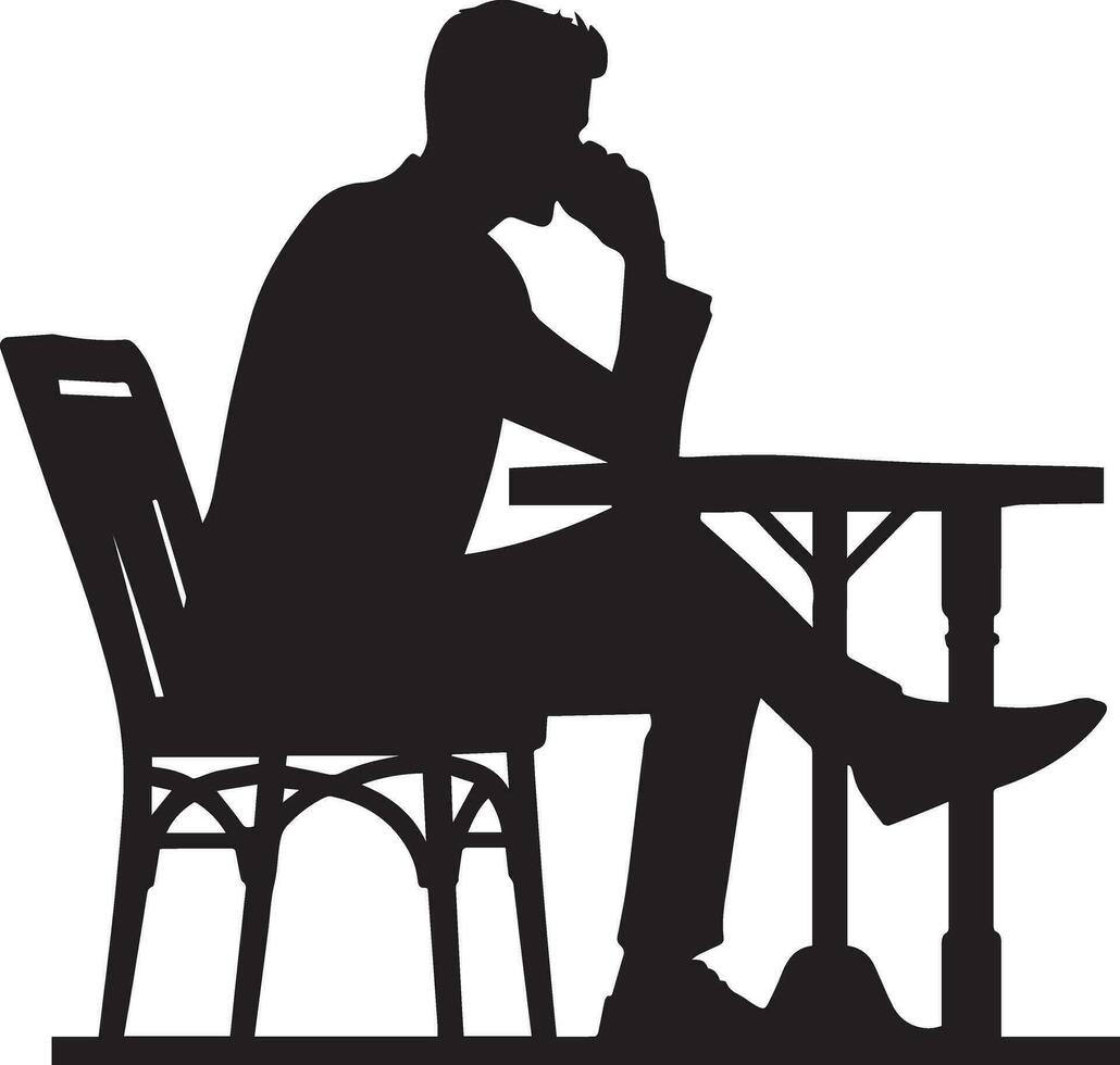 a man sitting at a table talking on a cell phone Vector silhouette illustration 2