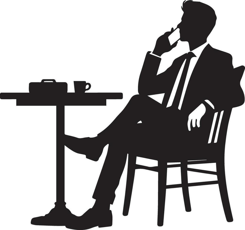 a man sitting at a table talking on a cell phone Vector silhouette illustration 6