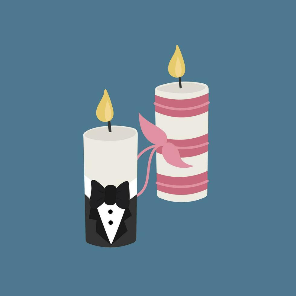 Two candles in a tailcoat and with pink ribbons. vector