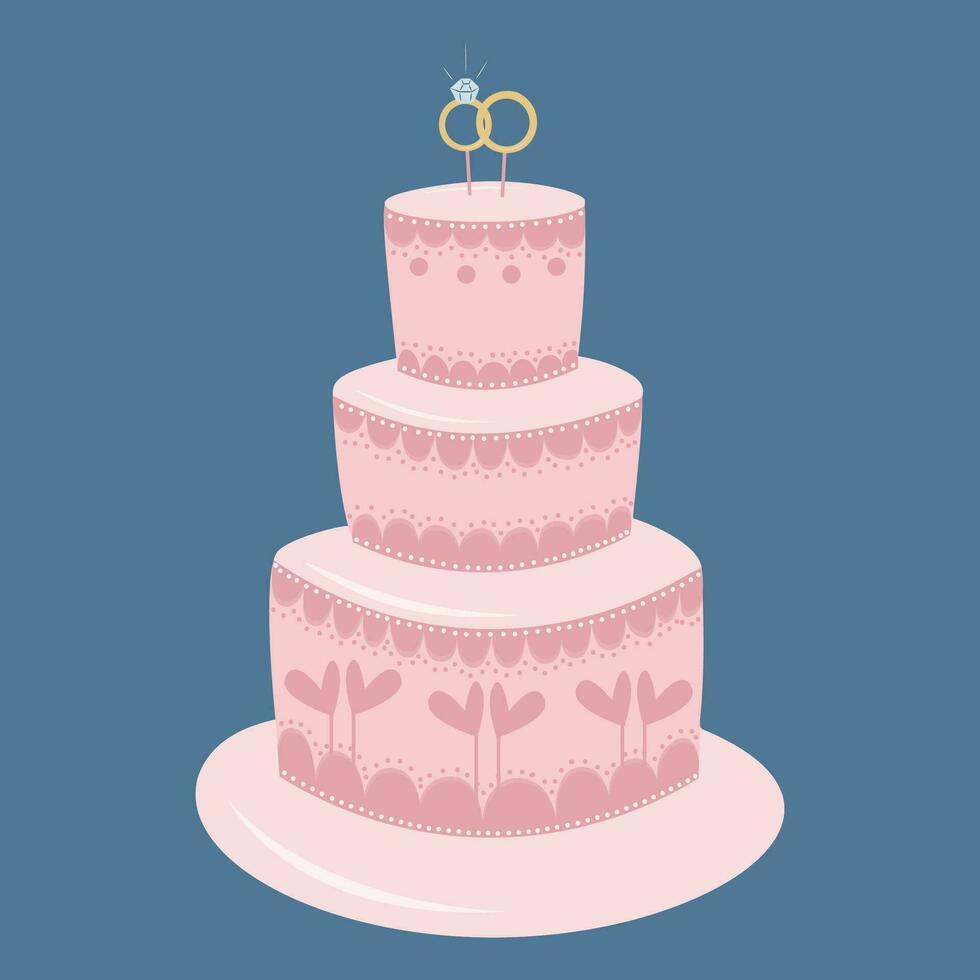 Beautiful pink wedding cake with two rings on top. vector