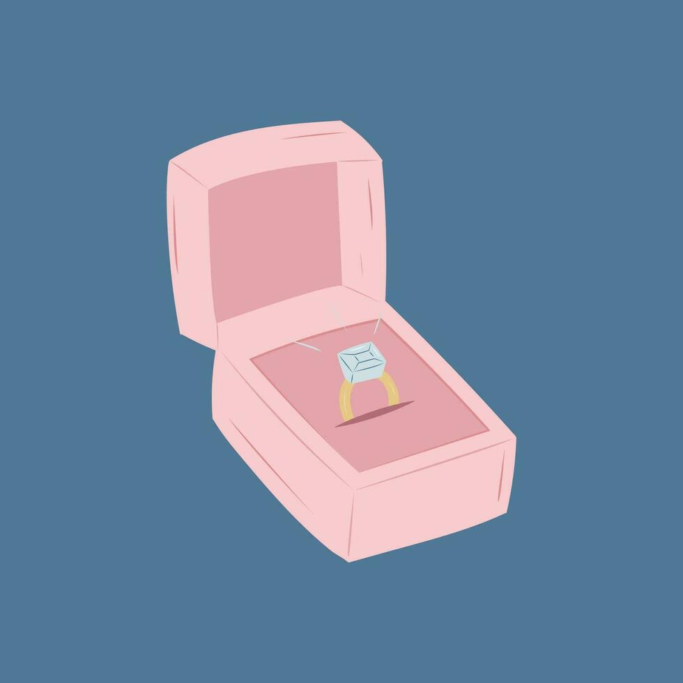 Wedding gold ring with blue stone in pink box on blue background. vector