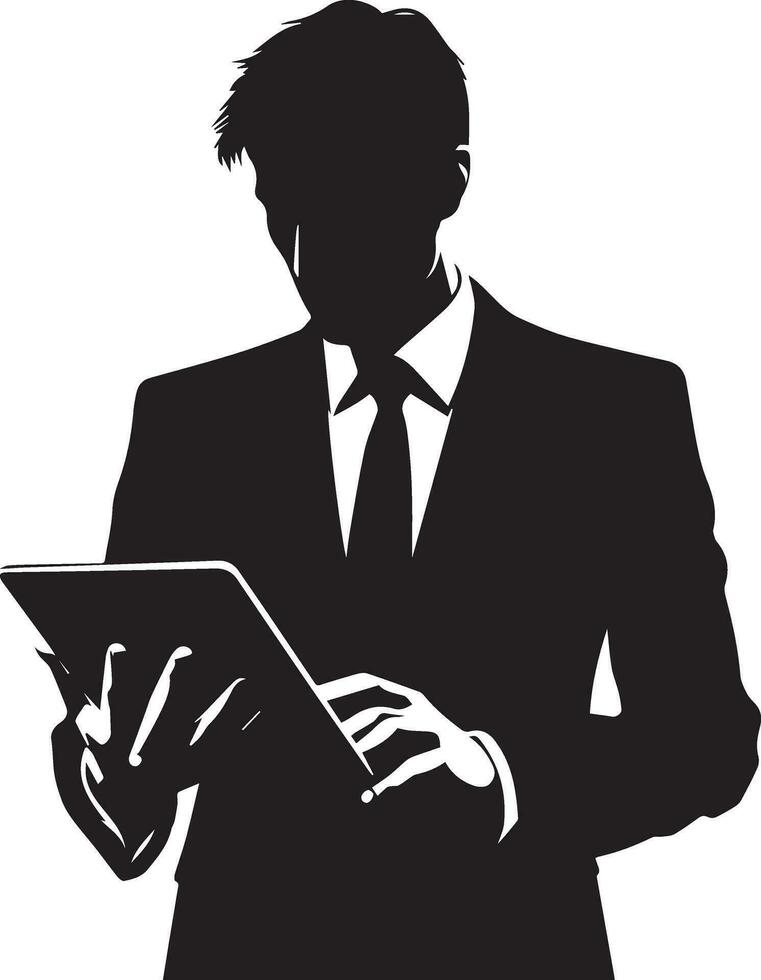 a man in a suit is holding a tablet Vector silhouette illustration black color, isolated white background 9