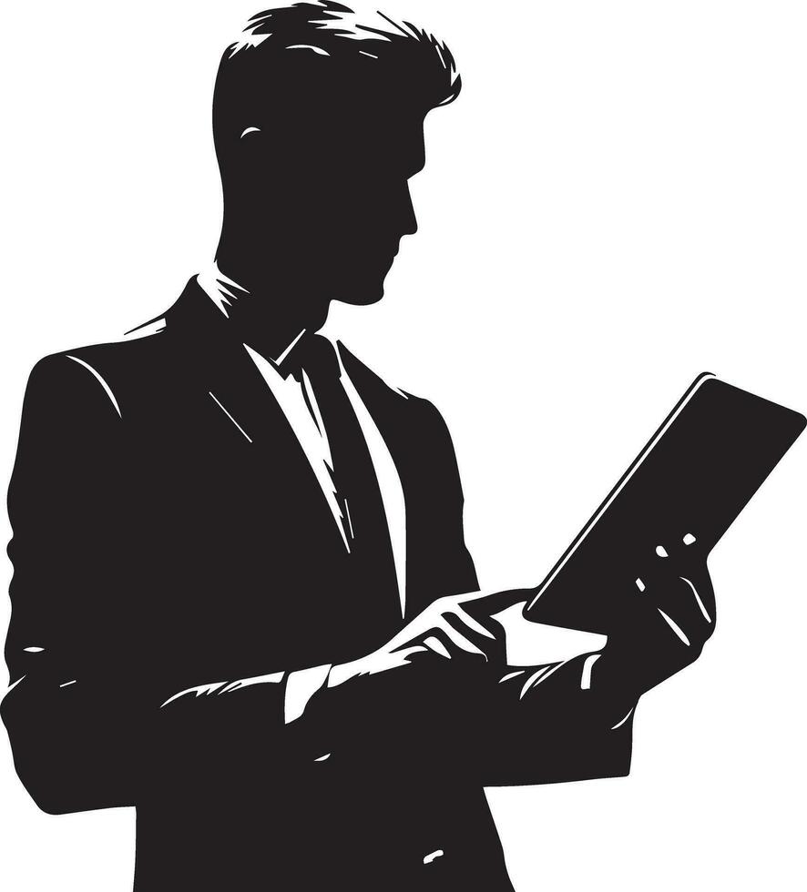 a man in a suit is holding a tablet Vector silhouette illustration black color, isolated white background 6