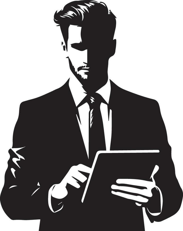 a man in a suit is holding a tablet Vector silhouette illustration black color, isolated white background 8