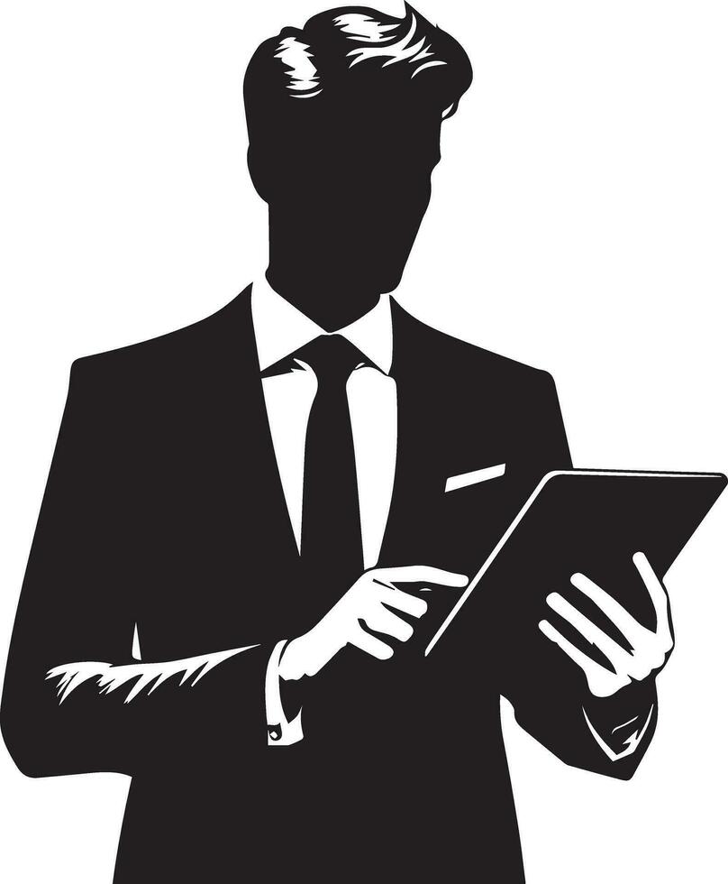 a man in a suit is holding a tablet Vector silhouette illustration black color, isolated white background 10