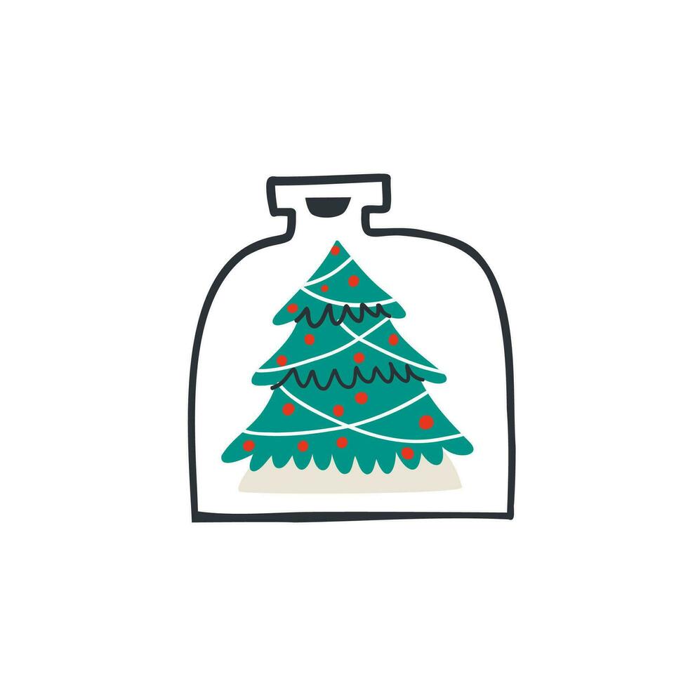 Snow globe with Christmas tree and decorations in flat style. Hand drawn vector illustration.