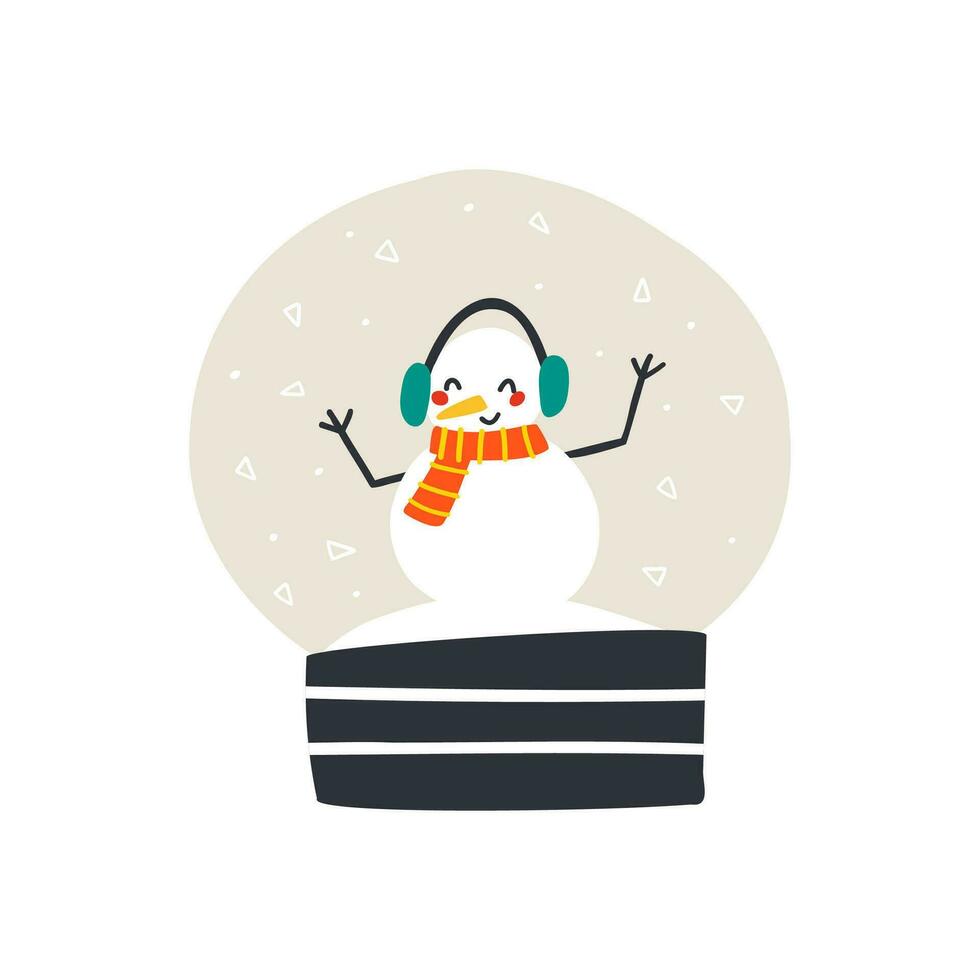 Snow globe with snowman and snow in flat style. Hand drawn vector illustration.
