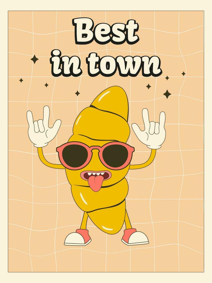 Retro groovy style bakery poster with funny croissant character. vector