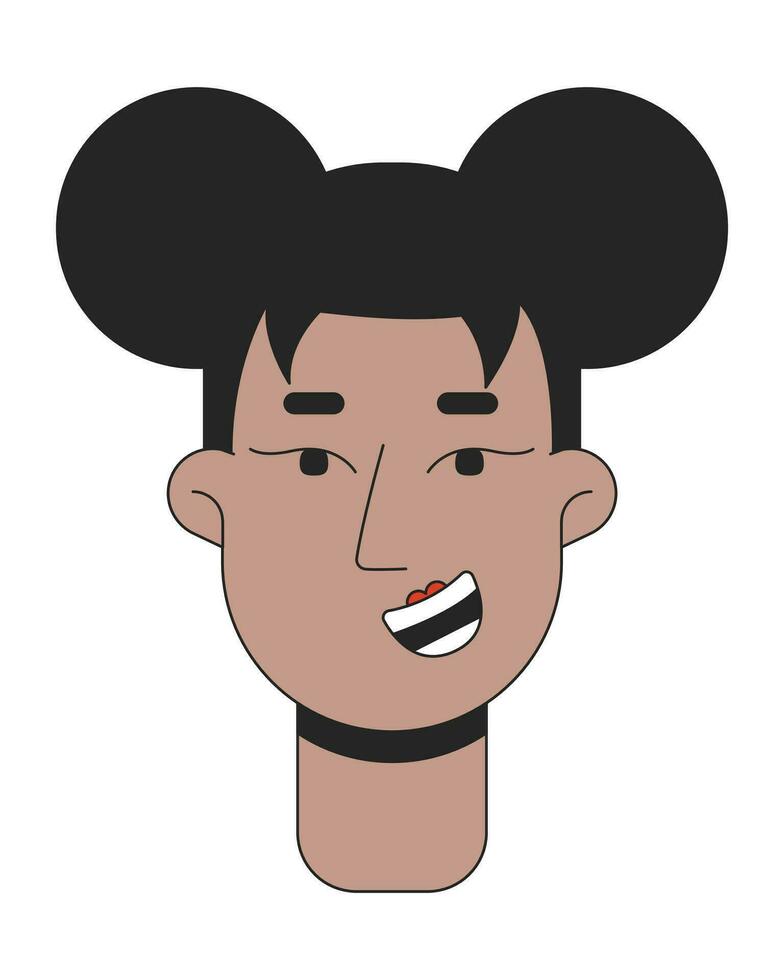 Two space buns woman african american 2D linear vector avatar illustration