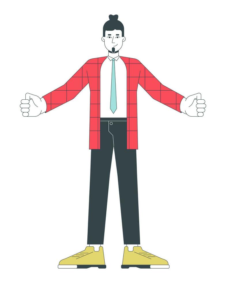 Caucasian adult employee standing with open arms 2D linear cartoon character vector