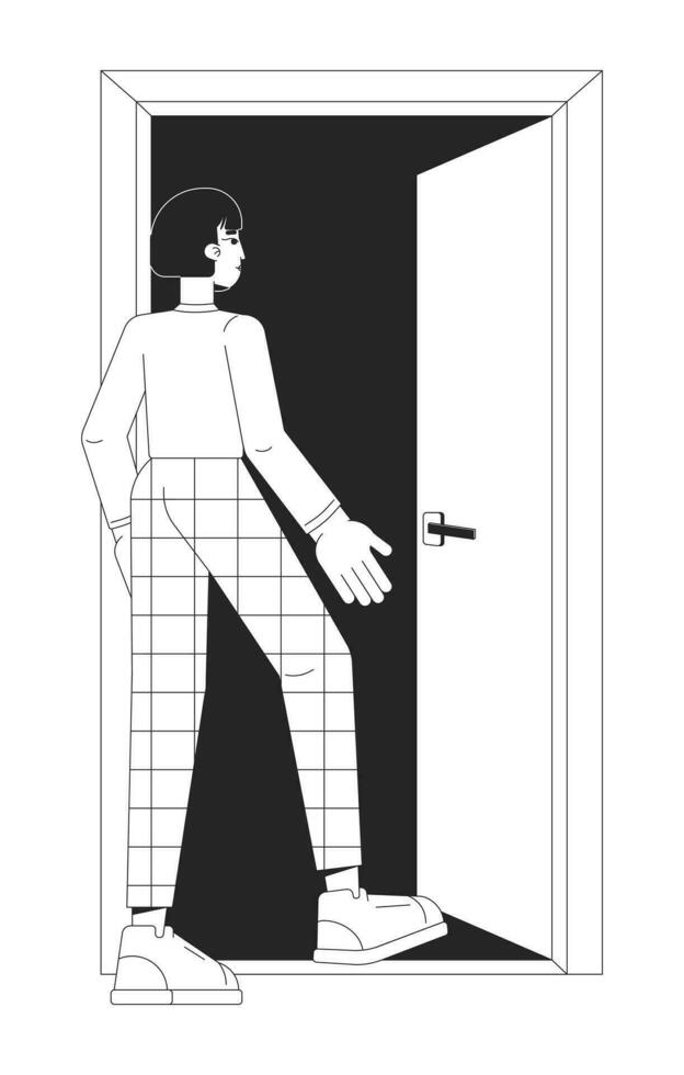 Asian female employee leaving door black and white 2D line cartoon character vector