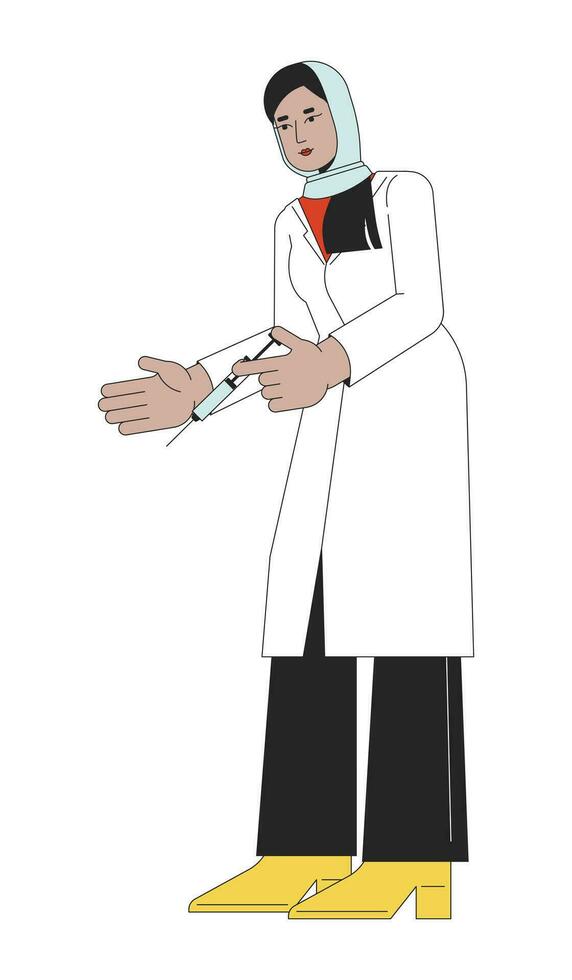 Muslim lab coat physician holding syringe 2D linear cartoon character vector