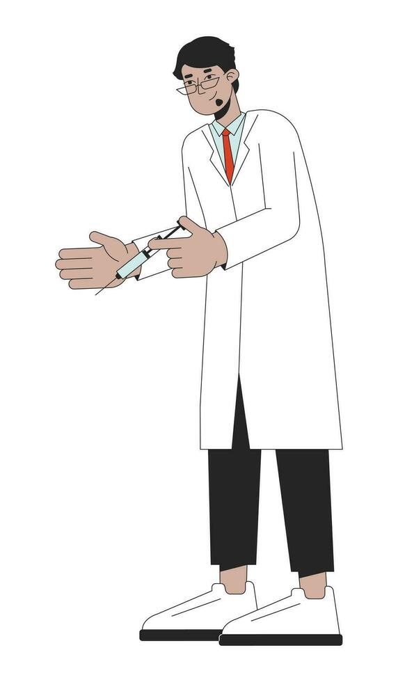 Arab white coat doctor holding syringe 2D linear cartoon character vector