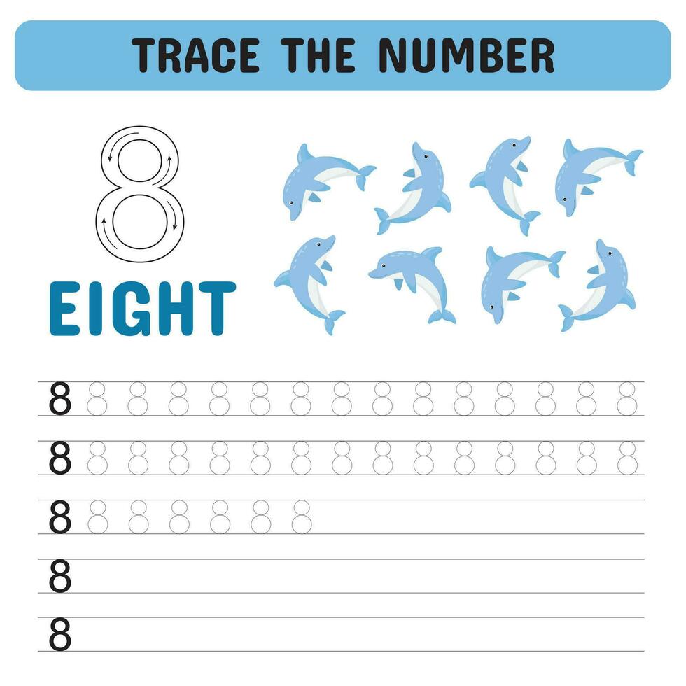 Trace the number . Tracing number worksheet for kindergarten, preschool for learning numbers and handwriting practice activities. Educational children game, printable worksheet. Vector illustration