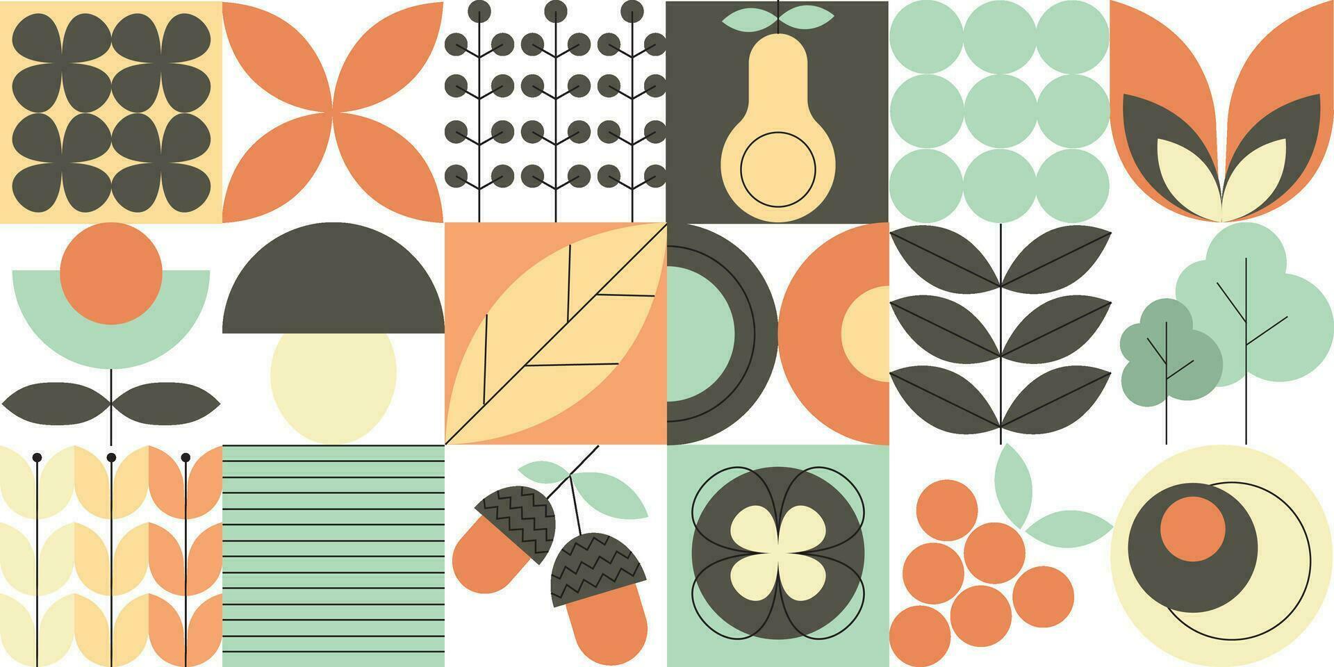 Plants and flowers in Bauhaus style Abstract geometric pattern. Minimal natural fruit plant simple shapes floral poster . Natural organic fruit plants  Vector illustration