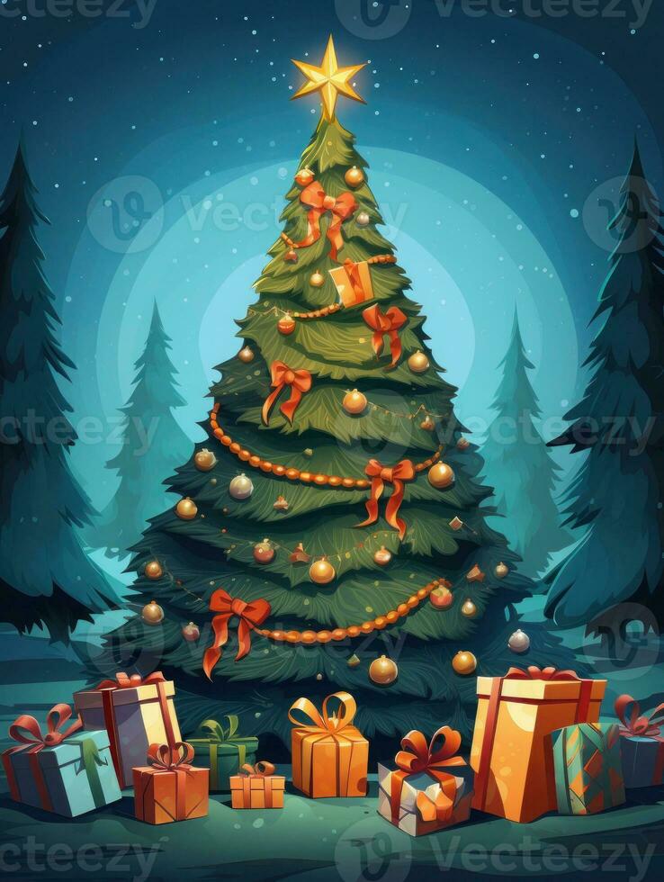 AI generated Merry Christmas, Christmas day, A Christmas tree decorated with luxurious and beautiful gifts. of Santa Claus for children to make them feel happy for a long time during the holidays. photo