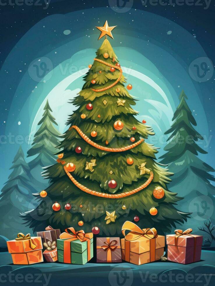 AI generated Merry Christmas, Christmas day, A Christmas tree decorated with luxurious and beautiful gifts. of Santa Claus for children to make them feel happy for a long time during the holidays. photo