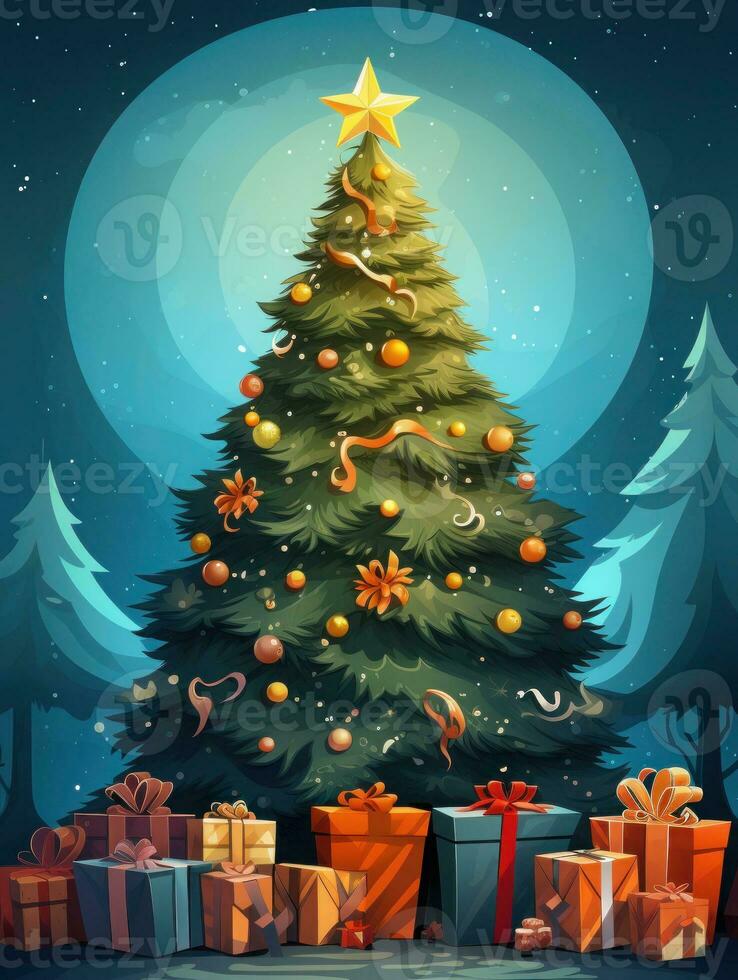 AI generated Merry Christmas, Christmas day, A Christmas tree decorated with luxurious and beautiful gifts. of Santa Claus for children to make them feel happy for a long time during the holidays. photo