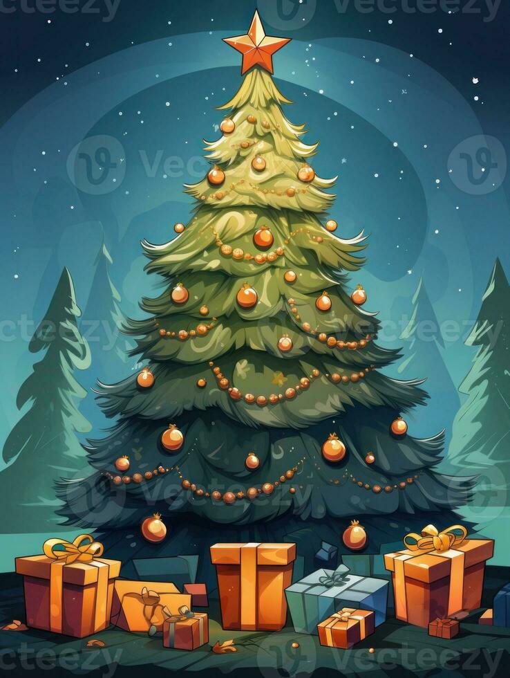 AI generated Merry Christmas, Christmas day, A Christmas tree decorated with luxurious and beautiful gifts. of Santa Claus for children to make them feel happy for a long time during the holidays. photo