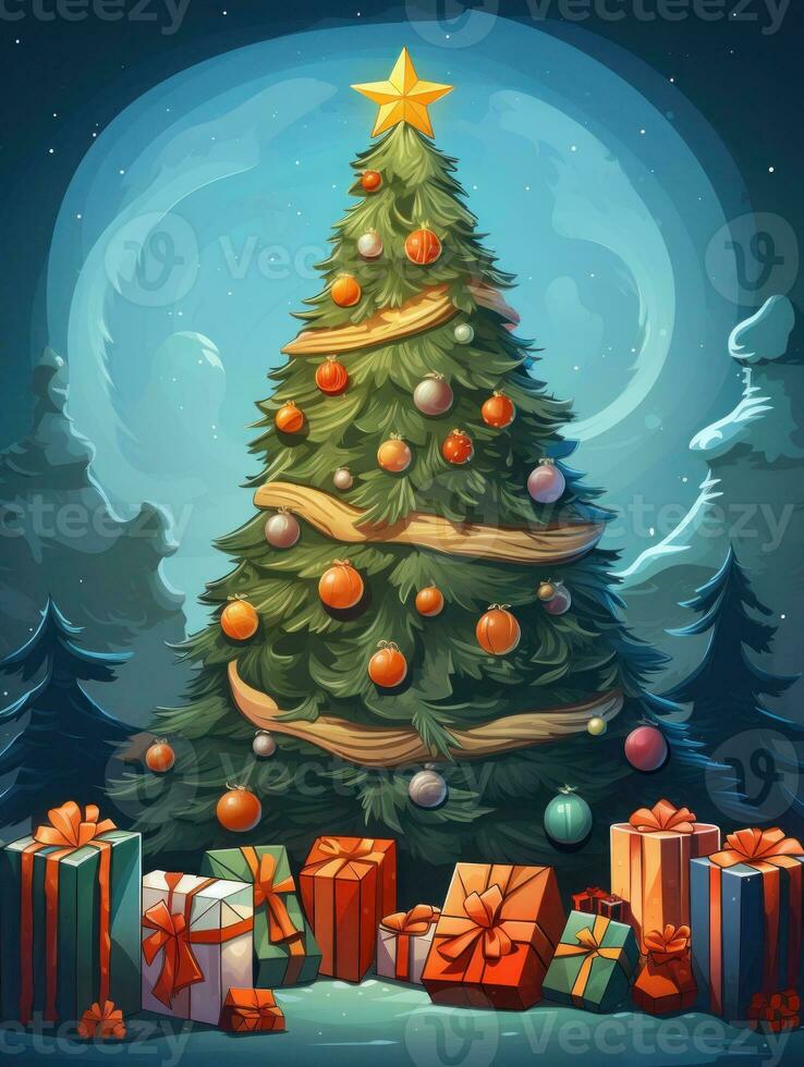 AI generated Merry Christmas, Christmas day, A Christmas tree decorated with luxurious and beautiful gifts. of Santa Claus for children to make them feel happy for a long time during the holidays. photo