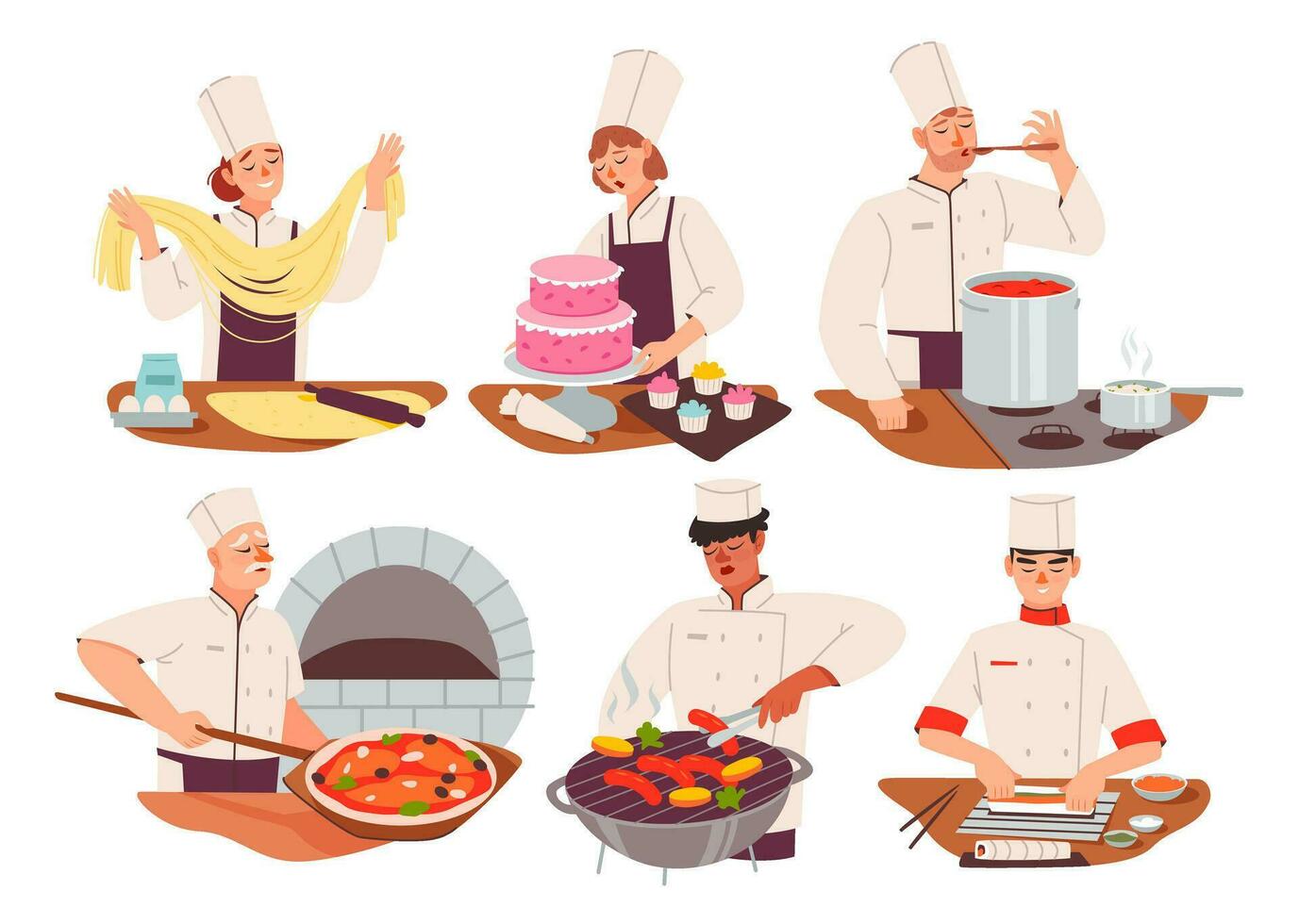 cocineros preparar varios platos a el restaurante. culinario trabajadores preparar Sushi, pasta, parrilla, Pizza y pasteles plano vector ilustración