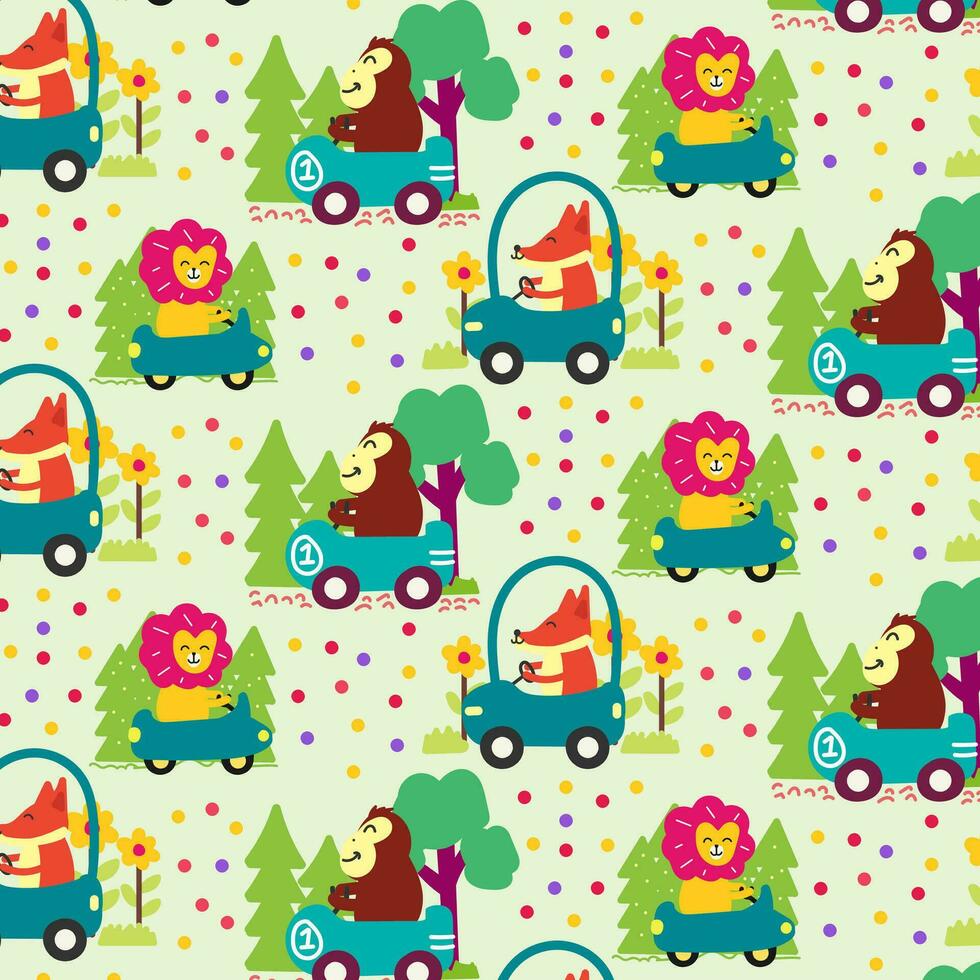 Cute Animals driving a car Seamless pattern. for fabric, print, textile and wallpaper vector
