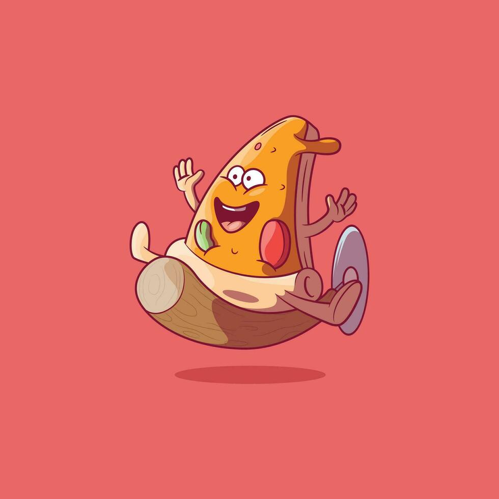 Pizza Slice flying in a Pizza Cutter vector illustration. Fast food, brand, funny design concept.