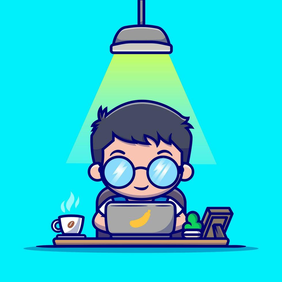 linda hombre trabajando en ordenador portátil con café dibujos animados vector icono ilustración. personas tecnología icono concepto aislado prima vector. plano dibujos animados estilo