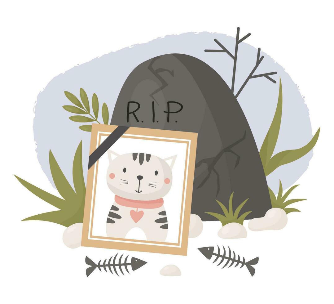 fotografía de muerto gato. cementerio y tumba, piedras con césped y pescado esqueleto. vector ilustración. luto marco con encantador mascota de gatito fantasma.