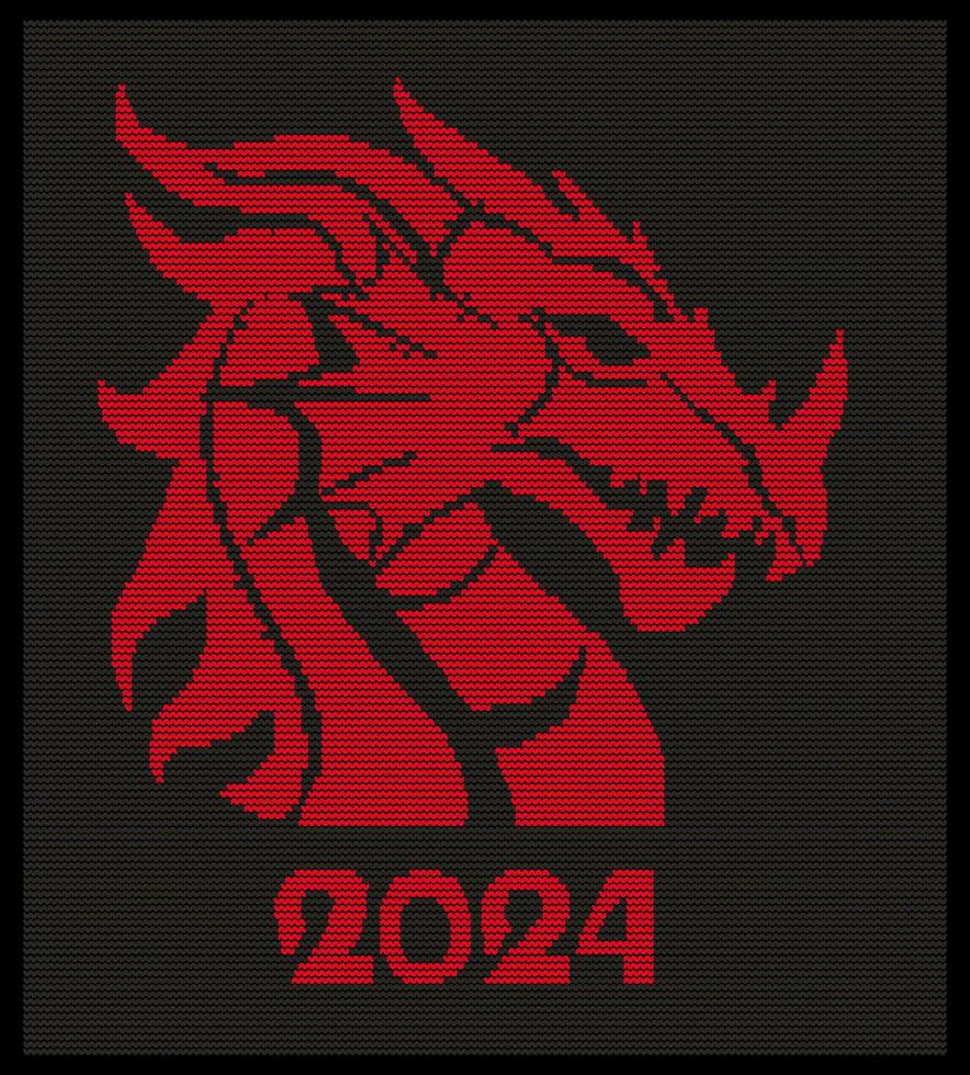 2024 year dragon. Knitted red dragon on black background. Warm vector illustration.