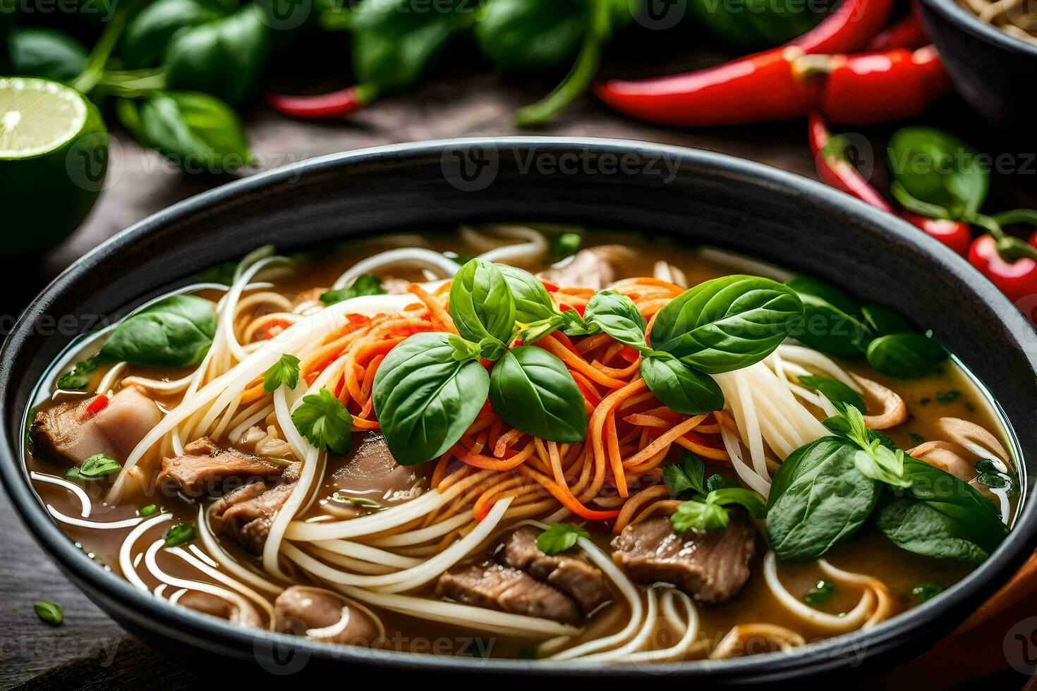 a bowl of beef noodle soup with vegetables and herbs. AI-Generated photo