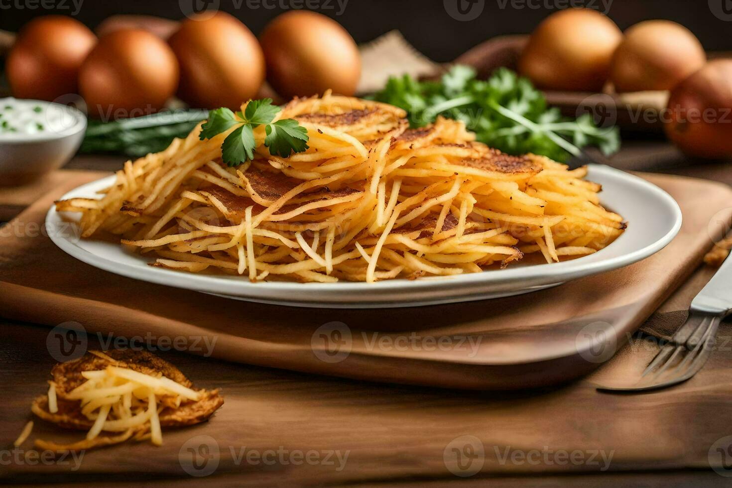 fried potatoes on a plate with parsley and eggs. AI-Generated photo