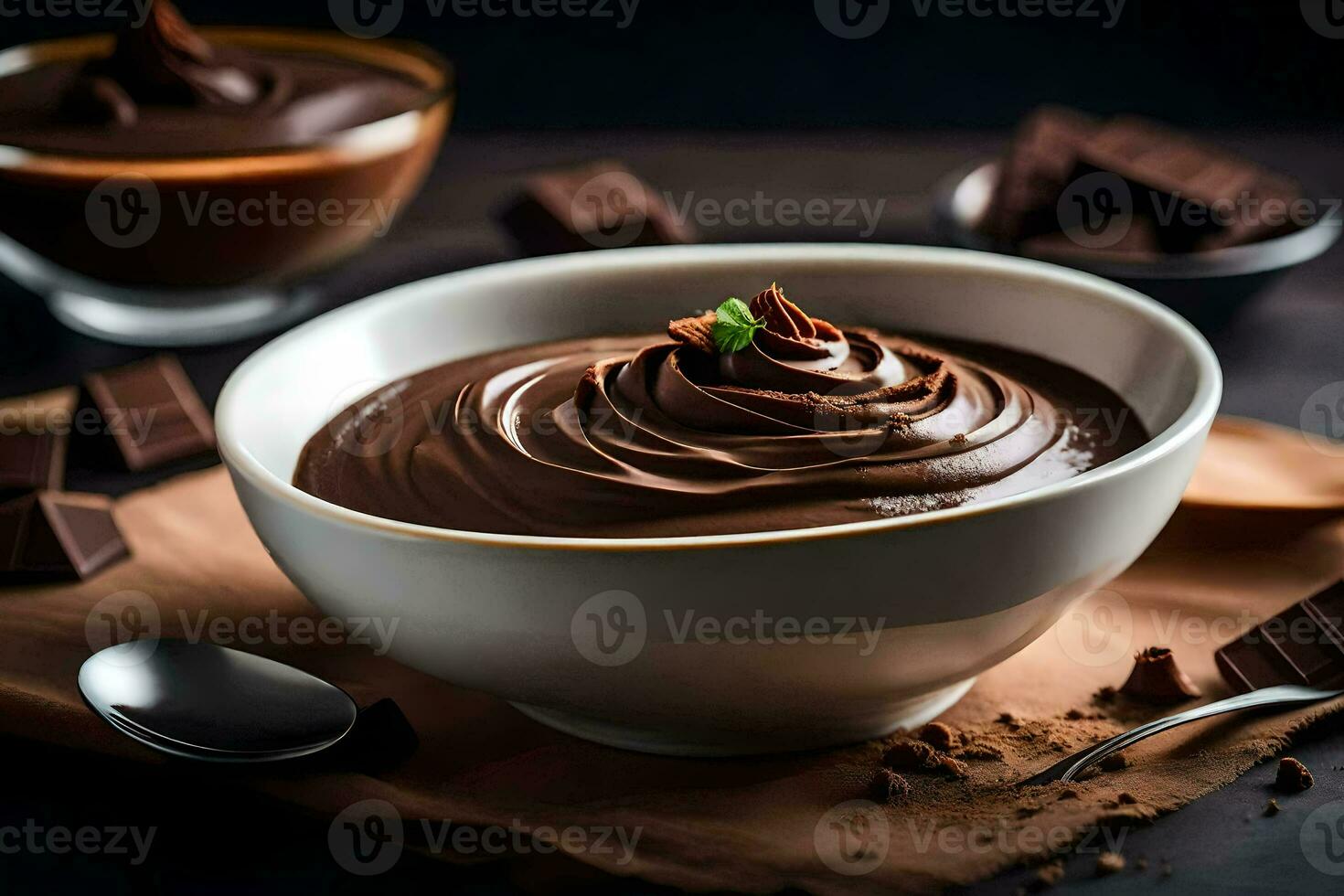 chocolate pudding in a bowl. AI-Generated photo